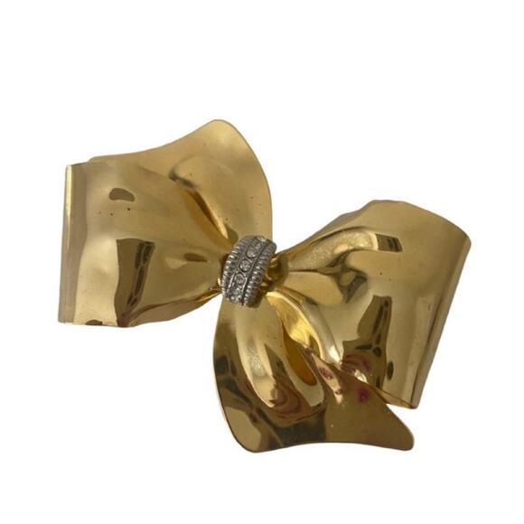 Shiny Gold Tone Bow with Rhinestones Brooch Pin - Picture 2 of 3